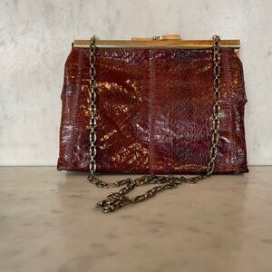 MARGOLM Purse Clutch Handbag 70's Snakeskin Brown Kisslock Shoulder Vintage